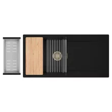 HD Onyx Black 100 egymedencés gránit mosogatótálca szett, csepegtetőtálcával, vágódeszkával, acél csepegtetőráccsal és kosárral, matt fekete színben, szálcsiszolt arany leeresztő szifonnal