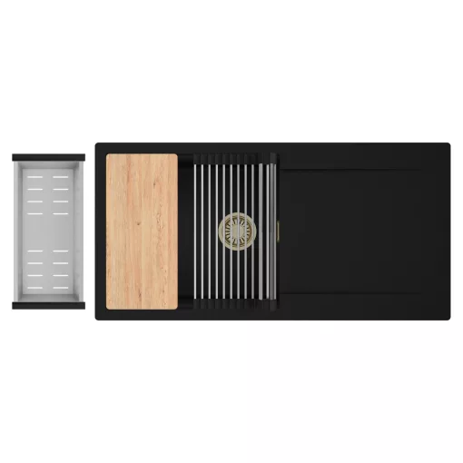 HD Onyx Black 100 egymedencés gránit mosogatótálca szett, csepegtetőtálcával, vágódeszkával, acél csepegtetőráccsal és kosárral, matt fekete színben, szálcsiszolt arany leeresztő szifonnal