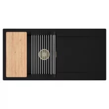 HD Onyx Black 100 egymedencés gránit mosogatótálca szett, csepegtetőtálcával, vágódeszkával, acél csepegtetőráccsal, matt fekete színben, szálcsiszolt arany leeresztő szifonnal