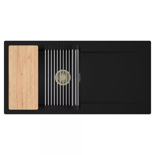 HD Onyx Black 100 egymedencés gránit mosogatótálca szett, csepegtetőtálcával, vágódeszkával, acél csepegtetőráccsal, matt fekete színben, szálcsiszolt arany leeresztő szifonnal