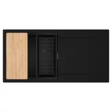 HD Onyx Black 100 egymedencés gránit mosogatótálca szett, csepegtetőtálcával, vágódeszkával, matt fekete csepegtetőkosárral, matt fekete színben, szálcsiszolt arany leeresztő szifonnal