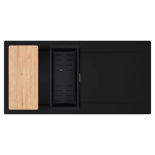 HD Onyx Black 100 egymedencés gránit mosogatótálca szett, csepegtetőtálcával, vágódeszkával, matt fekete csepegtetőkosárral, matt fekete színben, szálcsiszolt arany leeresztő szifonnal