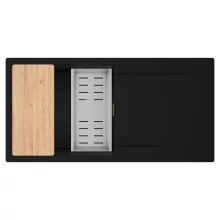 HD Onyx Black 100 egymedencés gránit mosogatótálca szett, csepegtetőtálcával, vágódeszkával, acél csepegtetőkosárral, matt fekete színben, szálcsiszolt arany leeresztő szifonnal