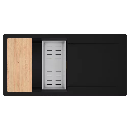 HD Onyx Black 100 egymedencés gránit mosogatótálca szett, csepegtetőtálcával, vágódeszkával, acél csepegtetőkosárral, matt fekete színben, szálcsiszolt arany leeresztő szifonnal