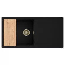HD Onyx Black 100 egymedencés gránit mosogatótálca, vágódeszkával, matt fekete színben, szálcsiszolt arany leeresztő szifonnal
