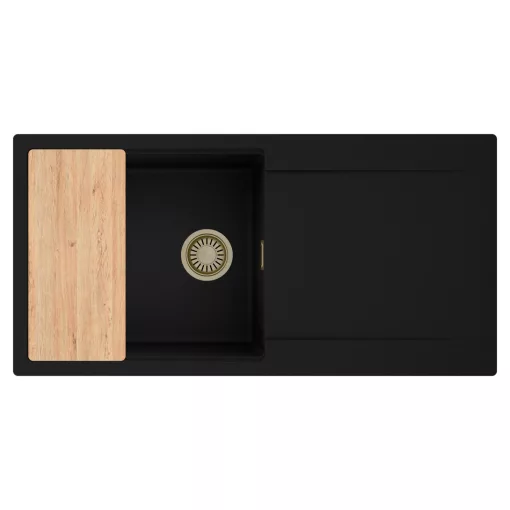 HD Onyx Black 100 egymedencés gránit mosogatótálca, vágódeszkával, matt fekete színben, szálcsiszolt arany leeresztő szifonnal