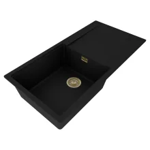 HD Onyx Black 100 egymedencés gránit mosogatótálca, vágódeszkával, matt fekete színben, szálcsiszolt arany leeresztő szifonnal