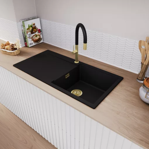 HD Onyx Black 100 egymedencés gránit mosogatótálca, vágódeszkával, matt fekete színben, szálcsiszolt arany leeresztő szifonnal