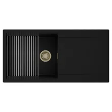 HD Onyx Black 100 egymedencés mosogatótálca szett, acél csepegtetőráccsal, csepegtetőtálcával, matt fekete színben, szálcsiszolt arany leeresztő szifonnal