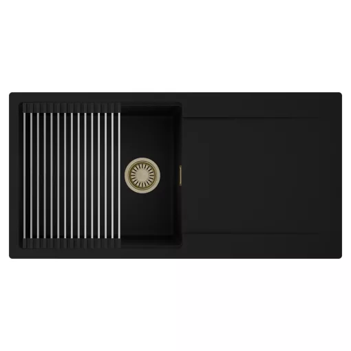 HD Onyx Black 100 egymedencés mosogatótálca szett, acél csepegtetőráccsal, csepegtetőtálcával, matt fekete színben, szálcsiszolt arany leeresztő szifonnal