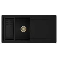 HD Onyx Black 100 egymedencés mosogatótálca szett, matt fekete csepegtetőkosárral, csepegtetőtálcával, matt fekete színben, szálcsiszolt arany leeresztő szifonnal