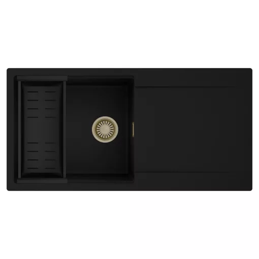 HD Onyx Black 100 egymedencés mosogatótálca szett, matt fekete csepegtetőkosárral, csepegtetőtálcával, matt fekete színben, szálcsiszolt arany leeresztő szifonnal