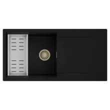 HD Onyx Black 100 egymedencés mosogatótálca szett, acél csepegtetőkosárral, csepegtetőtálcával, matt fekete színben, szálcsiszolt arany leeresztő szifonnal