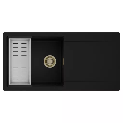 HD Onyx Black 100 egymedencés mosogatótálca szett, acél csepegtetőkosárral, csepegtetőtálcával, matt fekete színben, szálcsiszolt arany leeresztő szifonnal