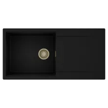 HD Onyx Black 100 egymedencés mosogatótálca, csepegtetőtálcával, matt fekete színben, szálcsiszolt arany leeresztő szifonnal