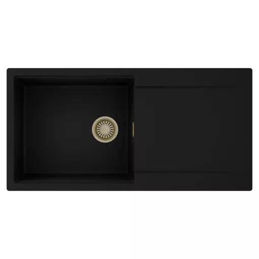 HD Onyx Black 100 egymedencés mosogatótálca, csepegtetőtálcával, matt fekete színben, szálcsiszolt arany leeresztő szifonnal