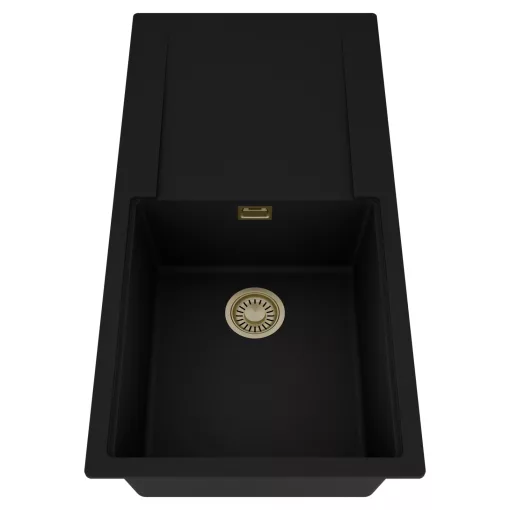 HD Onyx Black 100 egymedencés mosogatótálca, csepegtetőtálcával, matt fekete színben, szálcsiszolt arany leeresztő szifonnal