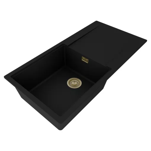 HD Onyx Black 100 egymedencés mosogatótálca, csepegtetőtálcával, matt fekete színben, szálcsiszolt arany leeresztő szifonnal