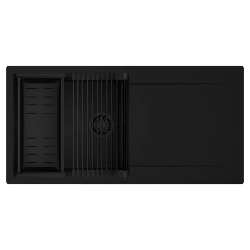 HD Onyx Black 100 egymedencés mosogatótálca szett, matt fekete csepegtetőráccsal és kosárral, csepegtetőtálcával, matt fekete színben, matt fekete leeresztő szifonnal