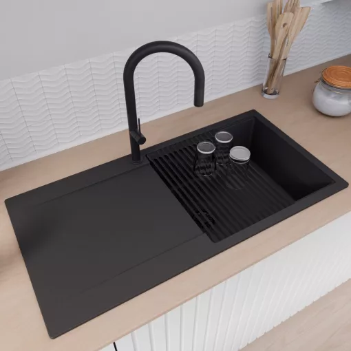 HD Onyx Black 100 egymedencés mosogatótálca szett, matt fekete csepegtetőráccsal és kosárral, csepegtetőtálcával, matt fekete színben, matt fekete leeresztő szifonnal