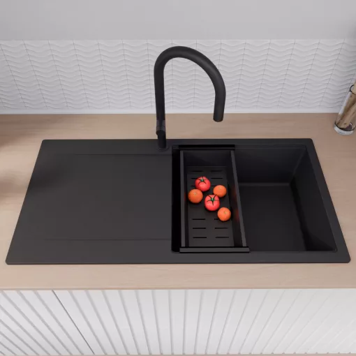 HD Onyx Black 100 egymedencés mosogatótálca szett, matt fekete csepegtetőráccsal és kosárral, csepegtetőtálcával, matt fekete színben, matt fekete leeresztő szifonnal