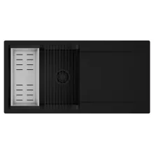 HD Onyx Black 100 egymedencés mosogatótálca szett, matt fekete csepegtetőráccsal és krómozott kosárral, csepegtetőtálcával, matt fekete színben, matt fekete leeresztő szifonnal