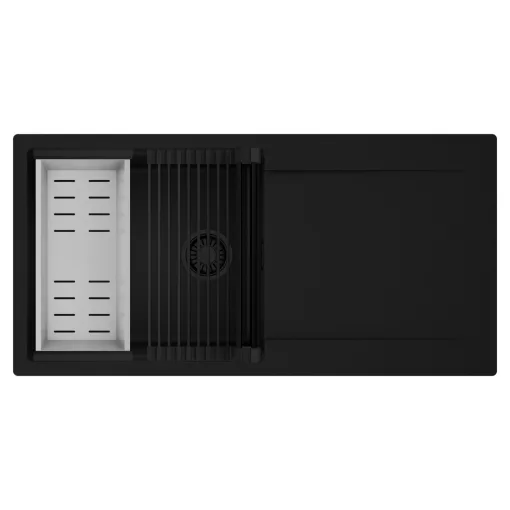 HD Onyx Black 100 egymedencés mosogatótálca szett, matt fekete csepegtetőráccsal és krómozott kosárral, csepegtetőtálcával, matt fekete színben, matt fekete leeresztő szifonnal