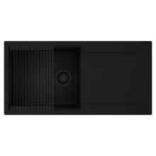 HD Onyx Black 100 egymedencés mosogatótálca szett, matt fekete csepegtetőráccsal, csepegtetőtálcával, matt fekete színben, matt fekete leeresztő szifonnal