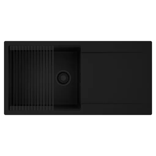 HD Onyx Black 100 egymedencés mosogatótálca szett, matt fekete csepegtetőráccsal, csepegtetőtálcával, matt fekete színben, matt fekete leeresztő szifonnal