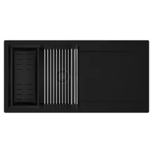 HD Onyx Black 100 egymedencés mosogatótálca szett, acél csepegtetőráccsal és matt fekete kosárral, csepegtetőtálcával, matt fekete színben, matt fekete leeresztő szifonnal