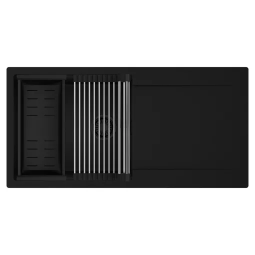 HD Onyx Black 100 egymedencés mosogatótálca szett, acél csepegtetőráccsal és matt fekete kosárral, csepegtetőtálcával, matt fekete színben, matt fekete leeresztő szifonnal