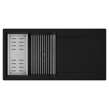 HD Onyx Black 100 egymedencés mosogatótálca szett, acél csepegtetőráccsal és kosárral, csepegtetőtálcával, matt fekete színben, matt fekete leeresztő szifonnal