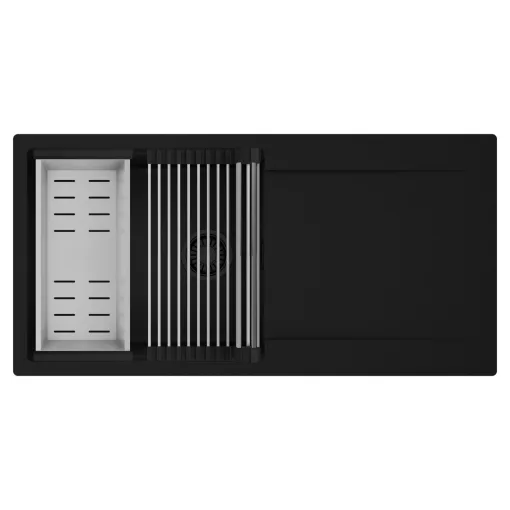 HD Onyx Black 100 egymedencés mosogatótálca szett, acél csepegtetőráccsal és kosárral, csepegtetőtálcával, matt fekete színben, matt fekete leeresztő szifonnal