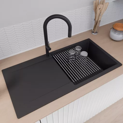 HD Onyx Black 100 egymedencés mosogatótálca szett, acél csepegtetőráccsal és kosárral, csepegtetőtálcával, matt fekete színben, matt fekete leeresztő szifonnal