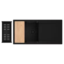 HD Onyx Black 100 egymedencés gránit mosogatótálca szett, csepegtetőtálcával, vágódeszkával, matt fekete csepegtetőráccsal és kosárral, matt fekete színben, matt fekete leeresztő szifonnal