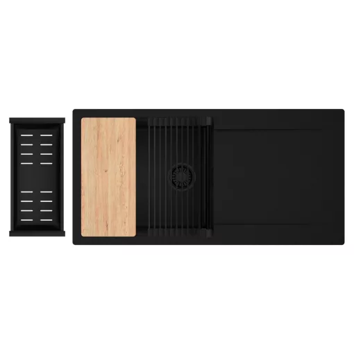 HD Onyx Black 100 egymedencés gránit mosogatótálca szett, csepegtetőtálcával, vágódeszkával, matt fekete csepegtetőráccsal és kosárral, matt fekete színben, matt fekete leeresztő szifonnal