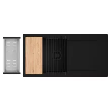 HD Onyx Black 100 egymedencés gránit mosogatótálca szett, csepegtetőtálcával, vágódeszkával, matt fekete csepegtetőráccsal és krómozott kosárral, matt fekete színben, matt fekete leeresztő szifonnal