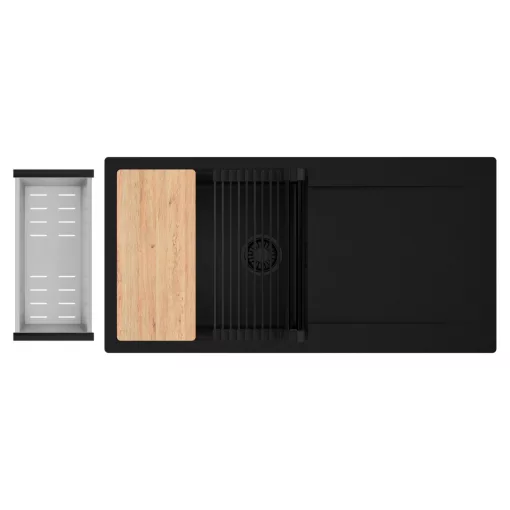 HD Onyx Black 100 egymedencés gránit mosogatótálca szett, csepegtetőtálcával, vágódeszkával, matt fekete csepegtetőráccsal és krómozott kosárral, matt fekete színben, matt fekete leeresztő szifonnal