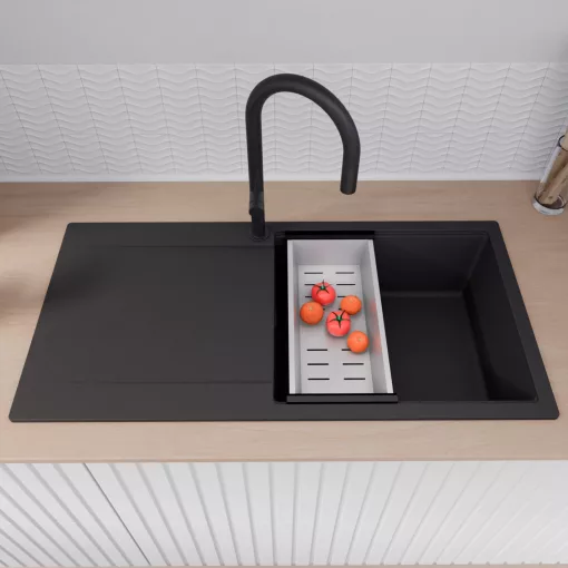 HD Onyx Black 100 egymedencés gránit mosogatótálca szett, csepegtetőtálcával, vágódeszkával, matt fekete csepegtetőráccsal és krómozott kosárral, matt fekete színben, matt fekete leeresztő szifonnal