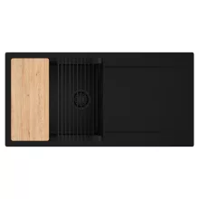 HD Onyx Black 100 egymedencés gránit mosogatótálca szett, csepegtetőtálcával, vágódeszkával, matt fekete csepegtetőráccsal, matt fekete színben, matt fekete leeresztő szifonnal