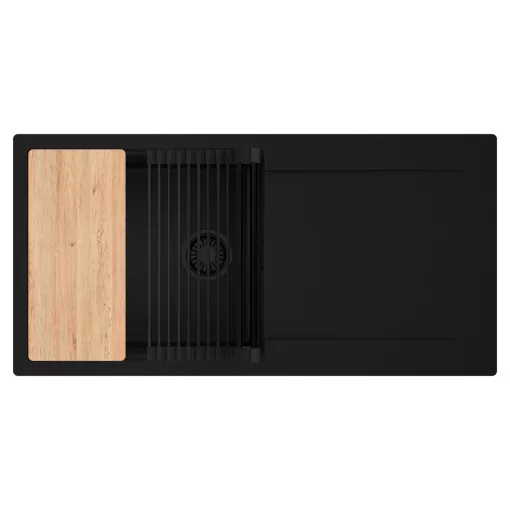 HD Onyx Black 100 egymedencés gránit mosogatótálca szett, csepegtetőtálcával, vágódeszkával, matt fekete csepegtetőráccsal, matt fekete színben, matt fekete leeresztő szifonnal