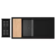 HD Onyx Black 100 egymedencés gránit mosogatótálca szett, csepegtetőtálcával, vágódeszkával, acél csepegtetőráccsal és matt fekete kosárral, matt fekete színben, matt fekete leeresztő szifonnal