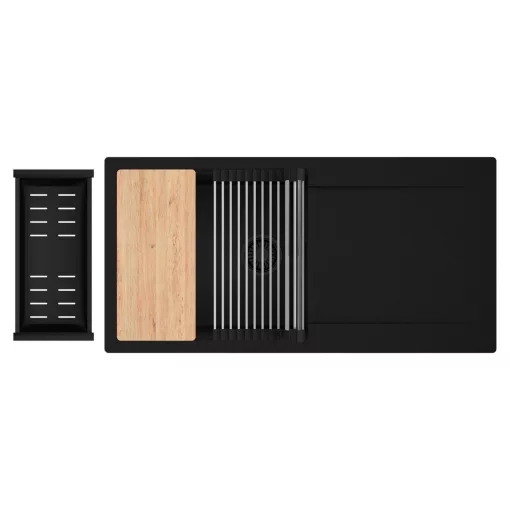 HD Onyx Black 100 egymedencés gránit mosogatótálca szett, csepegtetőtálcával, vágódeszkával, acél csepegtetőráccsal és matt fekete kosárral, matt fekete színben, matt fekete leeresztő szifonnal