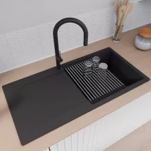 HD Onyx Black 100 egymedencés gránit mosogatótálca szett, csepegtetőtálcával, vágódeszkával, acél csepegtetőráccsal és matt fekete kosárral, matt fekete színben, matt fekete leeresztő szifonnal