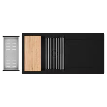 HD Onyx Black 100 egymedencés gránit mosogatótálca szett, csepegtetőtálcával, vágódeszkával, acél csepegtetőráccsal és kosárral, matt fekete színben, matt fekete leeresztő szifonnal