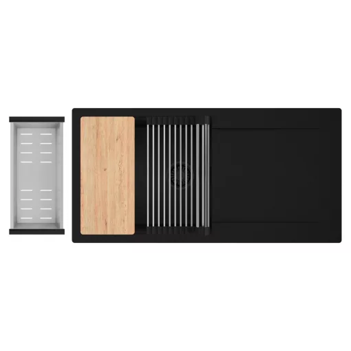 HD Onyx Black 100 egymedencés gránit mosogatótálca szett, csepegtetőtálcával, vágódeszkával, acél csepegtetőráccsal és kosárral, matt fekete színben, matt fekete leeresztő szifonnal