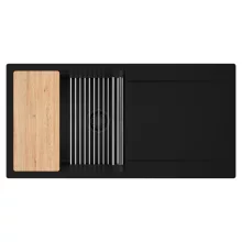 HD Onyx Black 100 egymedencés gránit mosogatótálca szett, csepegtetőtálcával, vágódeszkával, acél csepegtetőráccsal, matt fekete színben, matt fekete leeresztő szifonnal