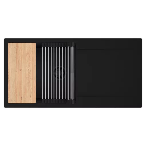 HD Onyx Black 100 egymedencés gránit mosogatótálca szett, csepegtetőtálcával, vágódeszkával, acél csepegtetőráccsal, matt fekete színben, matt fekete leeresztő szifonnal