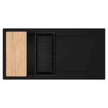 HD Onyx Black 100 egymedencés gránit mosogatótálca szett, csepegtetőtálcával, vágódeszkával, matt fekete csepegtetőkosárral, matt fekete színben, matt fekete leeresztő szifonnal