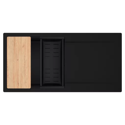 HD Onyx Black 100 egymedencés gránit mosogatótálca szett, csepegtetőtálcával, vágódeszkával, matt fekete csepegtetőkosárral, matt fekete színben, matt fekete leeresztő szifonnal